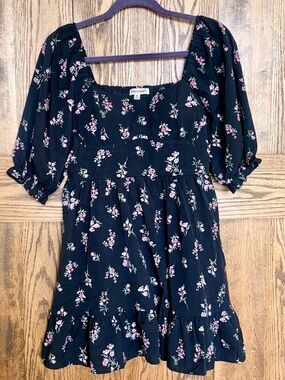 💐Black Floral 💐Square Neck Mini Dress with Puff Sleeves